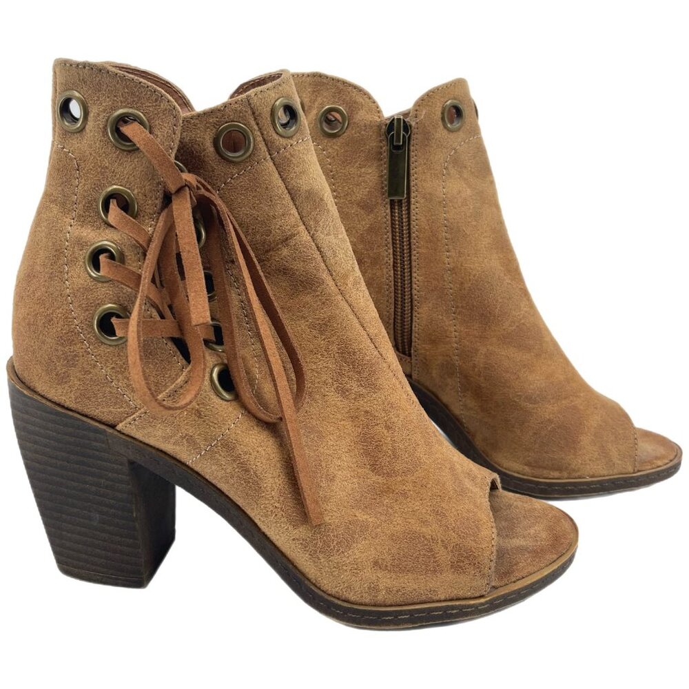 93 Vintage Tan and Brown Textile Ankle Boots | Peep Toe Bootie